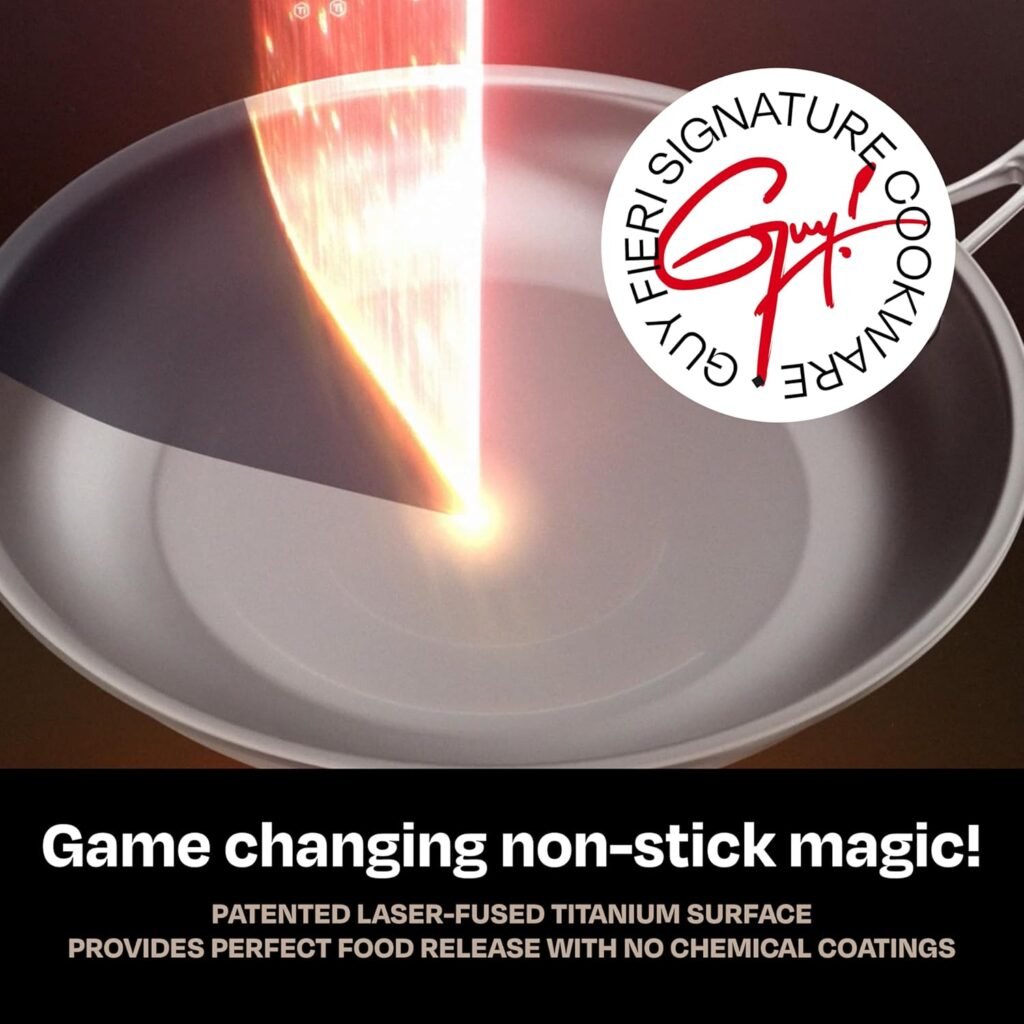 Guy Fieri’s Flavortown Laser Titanium 2 Pcs Fry Pan Set 8.5″ and 10″ – Non-stick Cookware Set Without PFAS, PTFE, or PFOA, 3x More Durable, Dishwasher Safe, Oven Safe